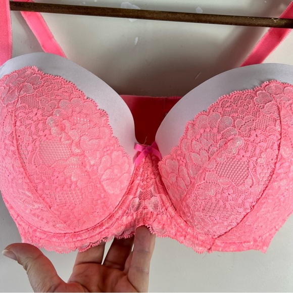 Victoria’s Secret Dream Angels Push Up Padded Demi Bra Size 38DDD Coral Lace - Picture 3 of 6